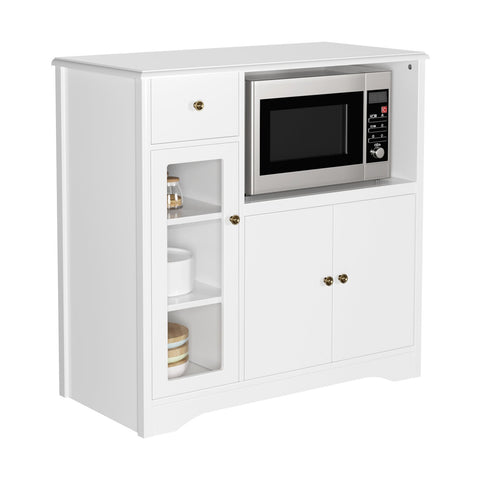 Microwave Cabinet with Hutch, Kitchen Pantry Cabinet Sideboard with Adjustable Shelves and Drawer for Dining Room, White