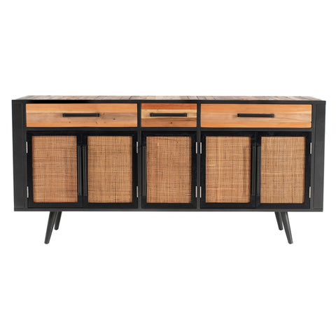 Nordic Rattan Boat Wood Buffet 5 Doors 3 Drawers in Natural Color