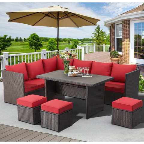 7 Piece Patio Conversation Set, Outdoor Sectional Sofa Rattan Wicker Dining Furniture