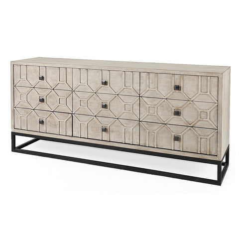 Genevieve II Light Brown Wood 9 Drawer Sideboard with Antiqued Brass Accents