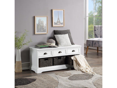 Homes Collection Wood Storage Bench with 3 Drawers and 3 Woven Baskets