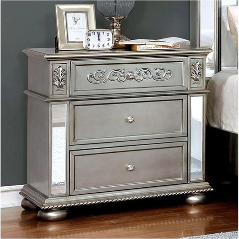 3 Drawers Wooden Nightstand With Mirror Trim - Silver