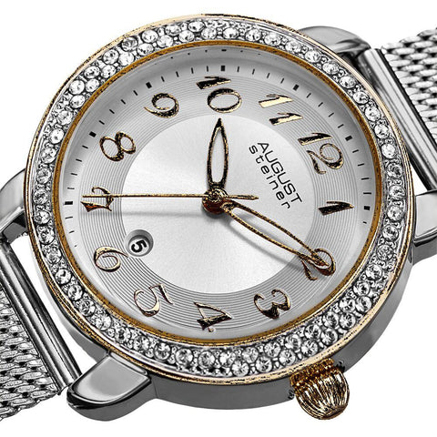 August Steiner Women's Quartz Swarovski Crystals Stainless Steel Silver-Tone Bracelet Watch - silver