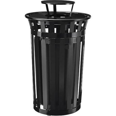 Outdoor Metal Slatted Waste Receptacle w/Access Door,Rain Bonnet - 36 Gal BK