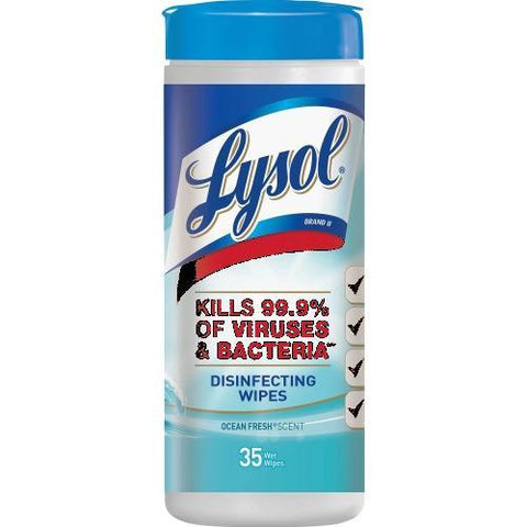 Lysol Ocean Fresh Disinfecting Wipes, Ocean Fresh - 8" x 7" - White - Bleach-free, Alcohol-free, Disinfectant, Anti-bacterial, Pre-moistened - For Healthcare, School - 35 Sheets Per Tub - 12 / Carton