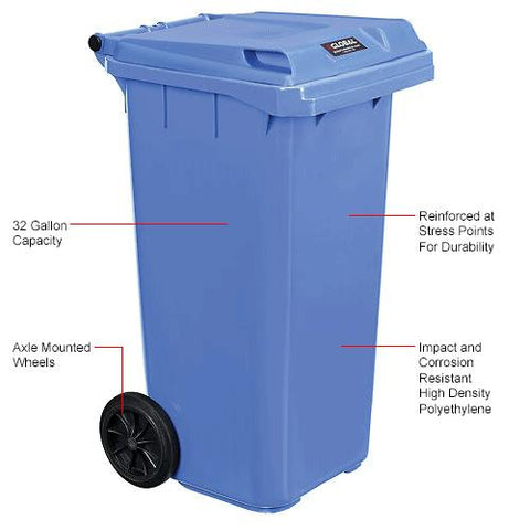 Mobile Trash Container with Lid - 32 Gallon Blue